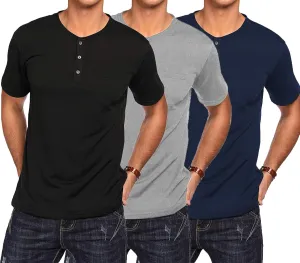COOFANDY Men's 3 Pack Henley Shirts Short Sleeve Casual Basic Tees Classic Henley Summer Solid T Shirts with Pocket