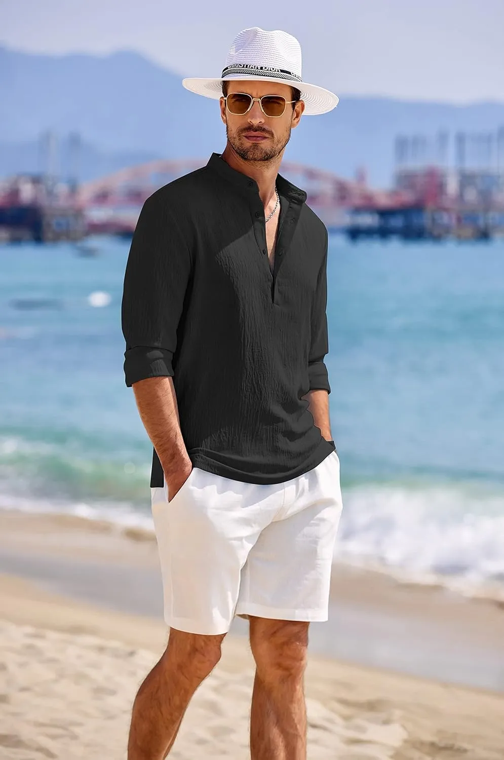 COOFANDY Men's Casual Henley Shirts Long Sleeve Hippie Beach T Shirts Yoga Summer Top