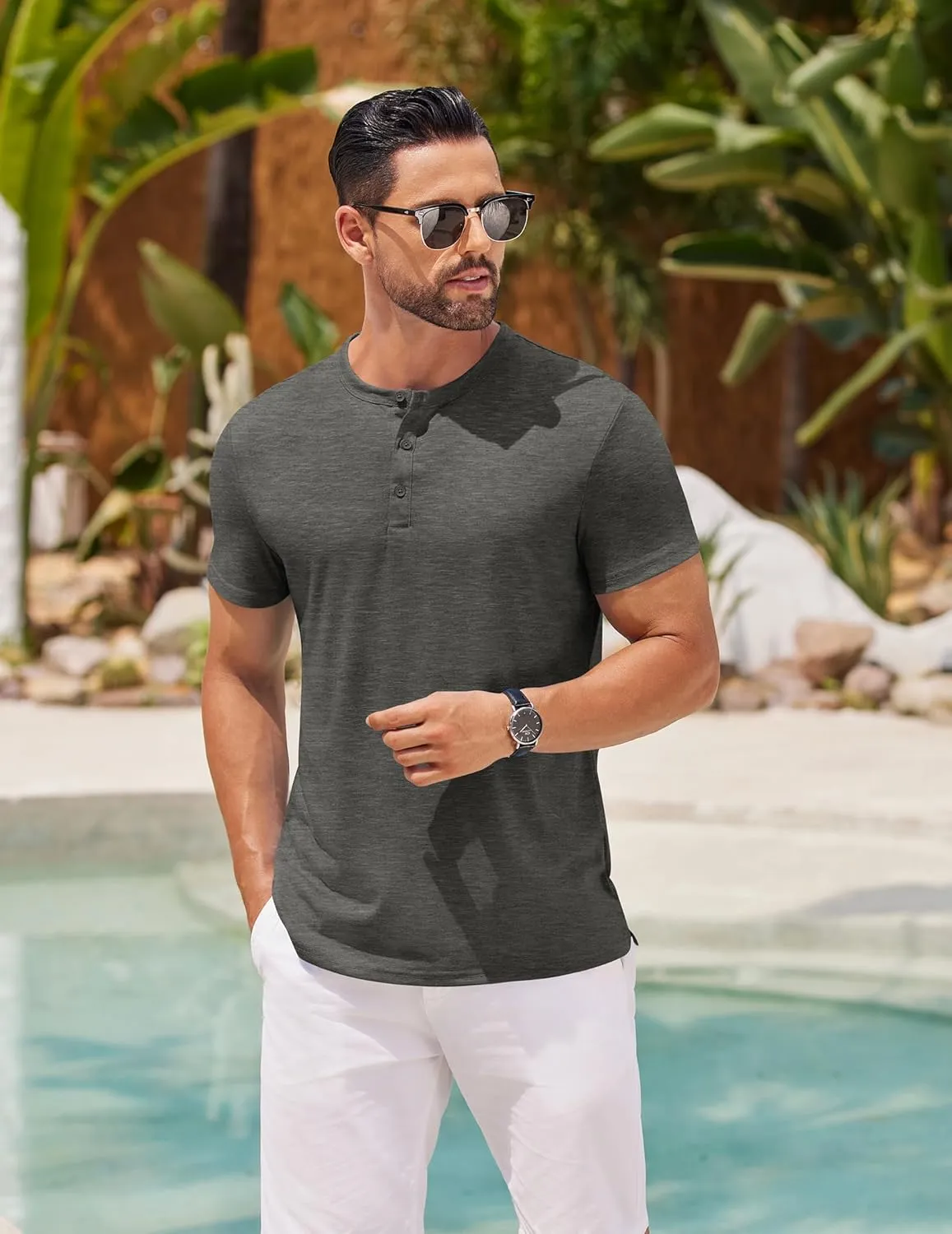 COOFANDY Men's Henley Shirts Short Sleeve Casual Basic Henley Tee Summer Button Lightweight Stretch T Shirts