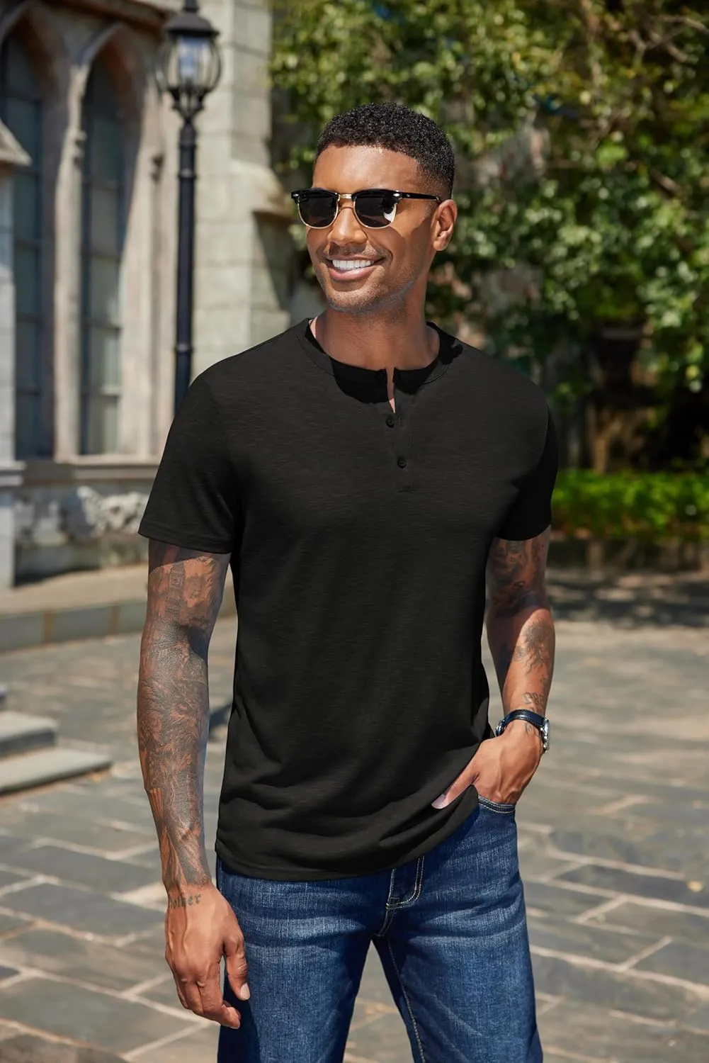 COOFANDY Men's Henley Shirts Short Sleeve Casual Basic Henley Tee Summer Button Lightweight Stretch T Shirts