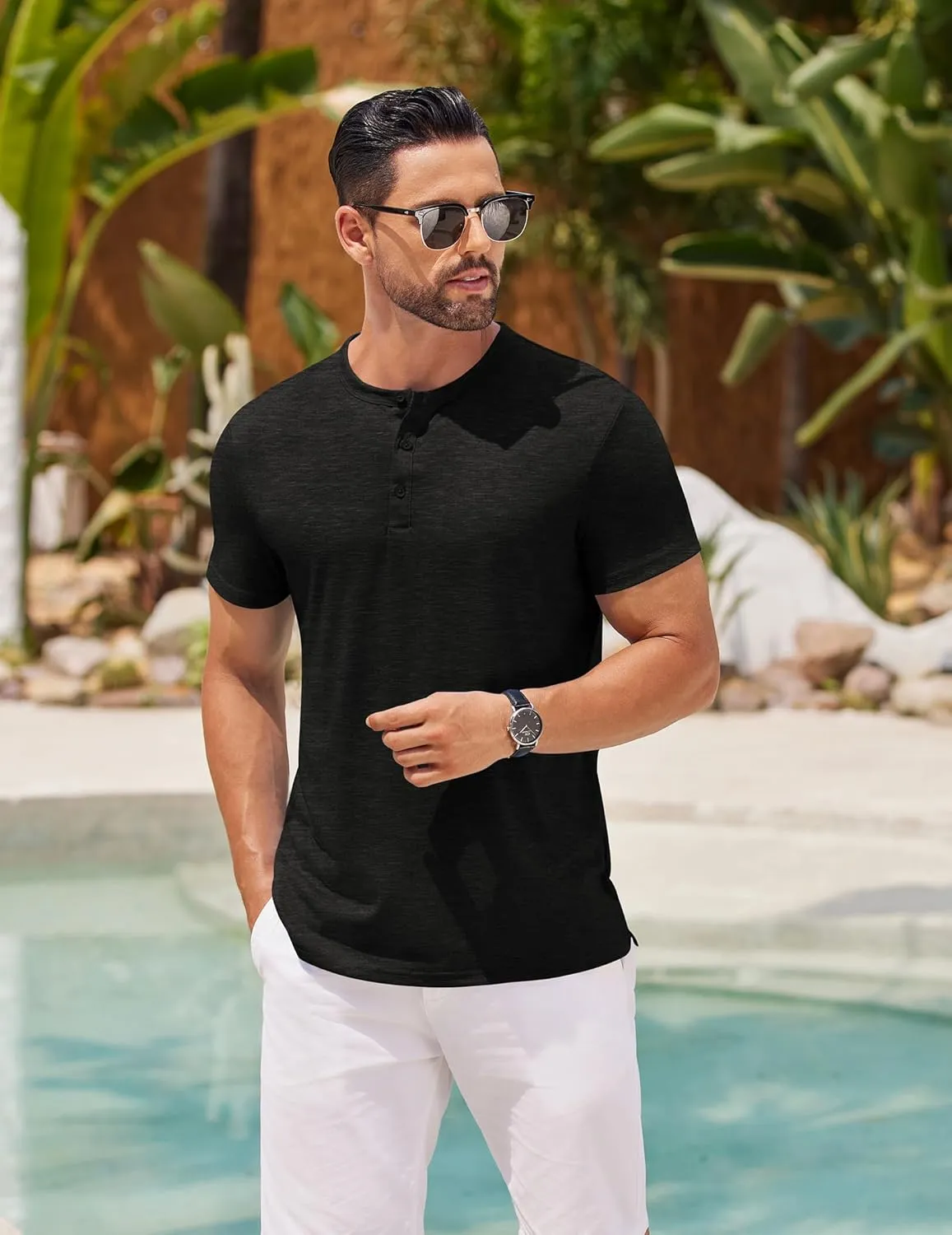 COOFANDY Men's Henley Shirts Short Sleeve Casual Basic Henley Tee Summer Button Lightweight Stretch T Shirts