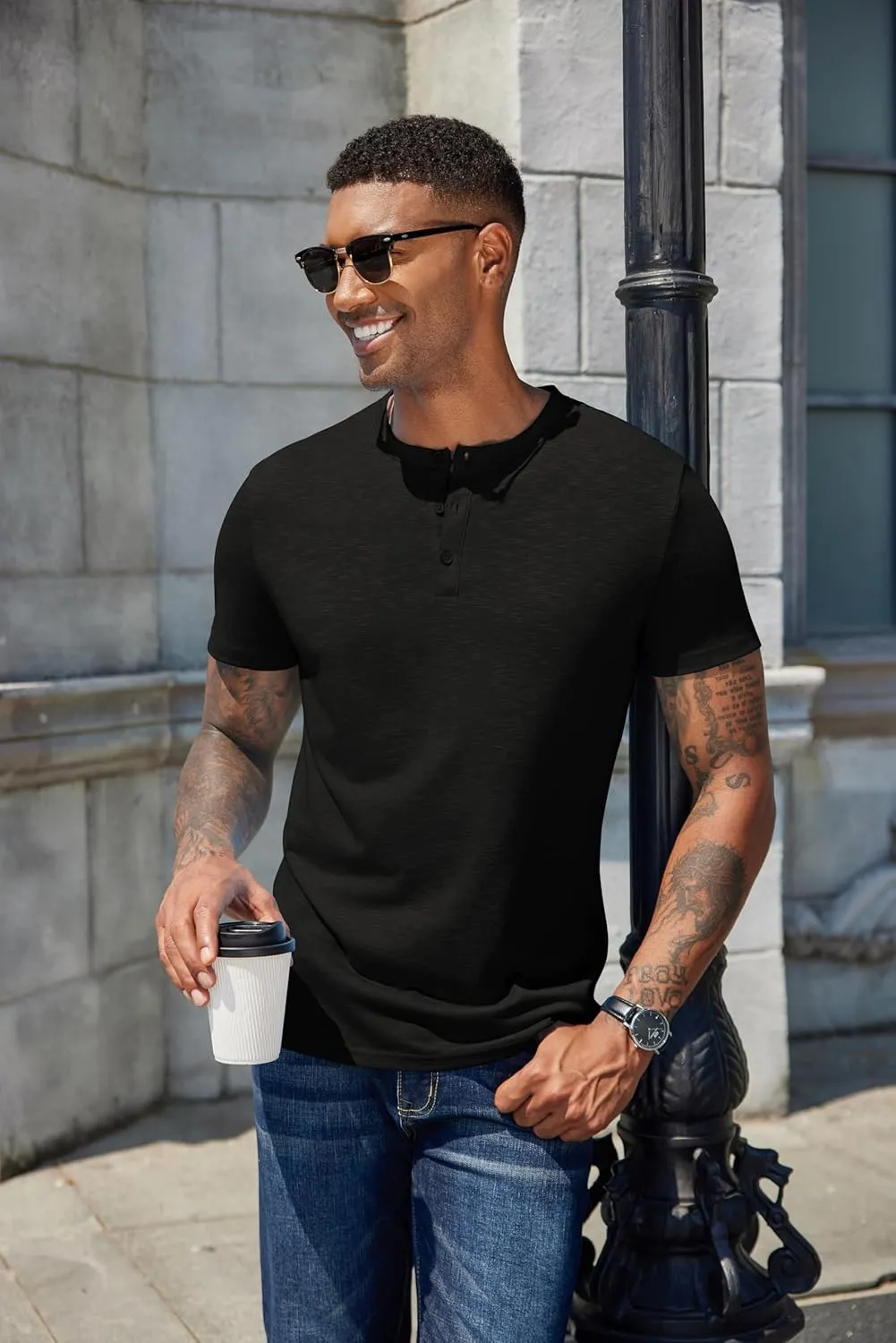 COOFANDY Men's Henley Shirts Short Sleeve Casual Basic Henley Tee Summer Button Lightweight Stretch T Shirts