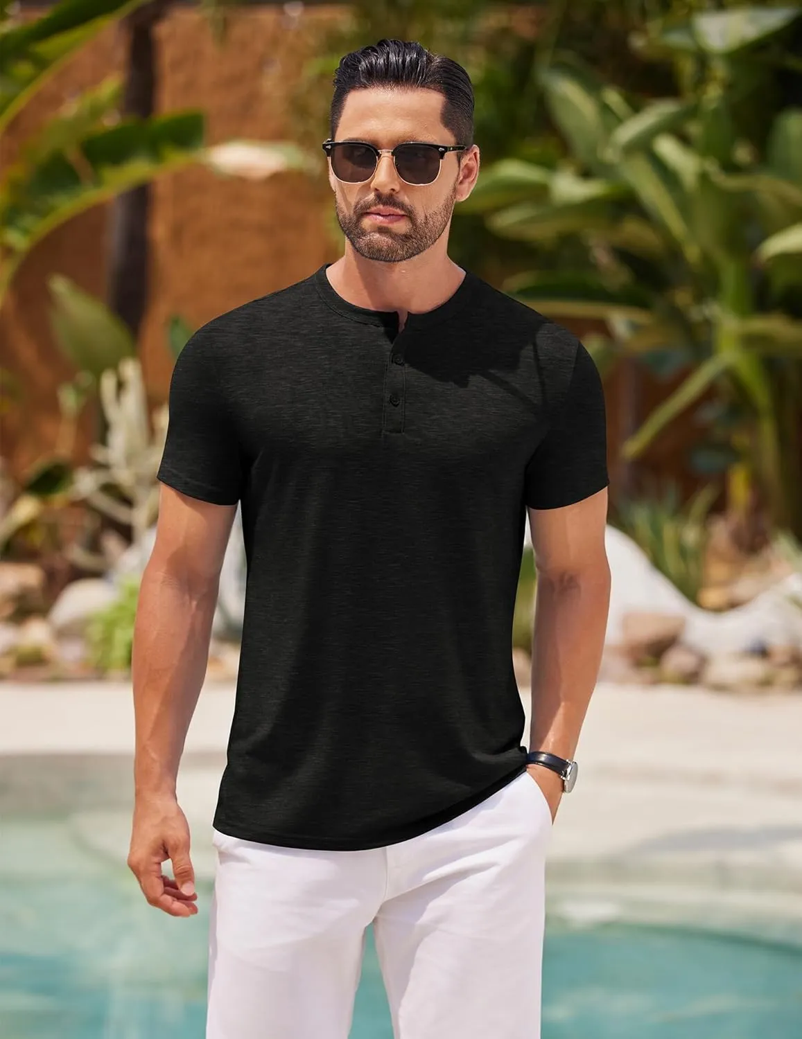 COOFANDY Men's Henley Shirts Short Sleeve Casual Basic Henley Tee Summer Button Lightweight Stretch T Shirts