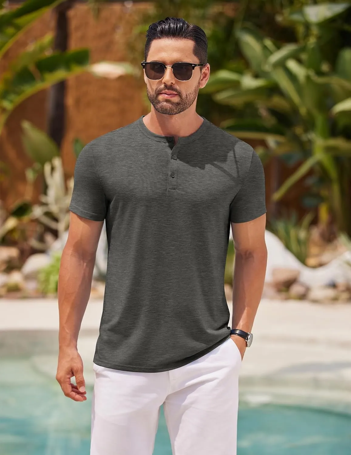 COOFANDY Men's Henley Shirts Short Sleeve Casual Basic Henley Tee Summer Button Lightweight Stretch T Shirts
