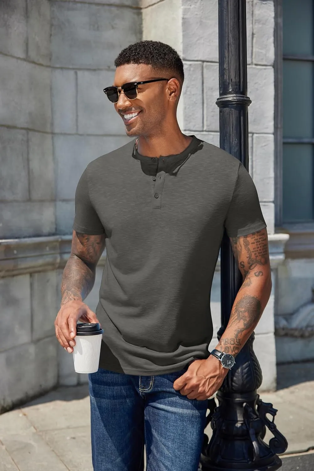 COOFANDY Men's Henley Shirts Short Sleeve Casual Basic Henley Tee Summer Button Lightweight Stretch T Shirts
