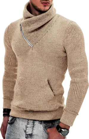 COOFANDY Men's Knitted Turtleneck Pullover Shawl Collar Sweaters Slim Fit High Neck Hoodies with Pockets