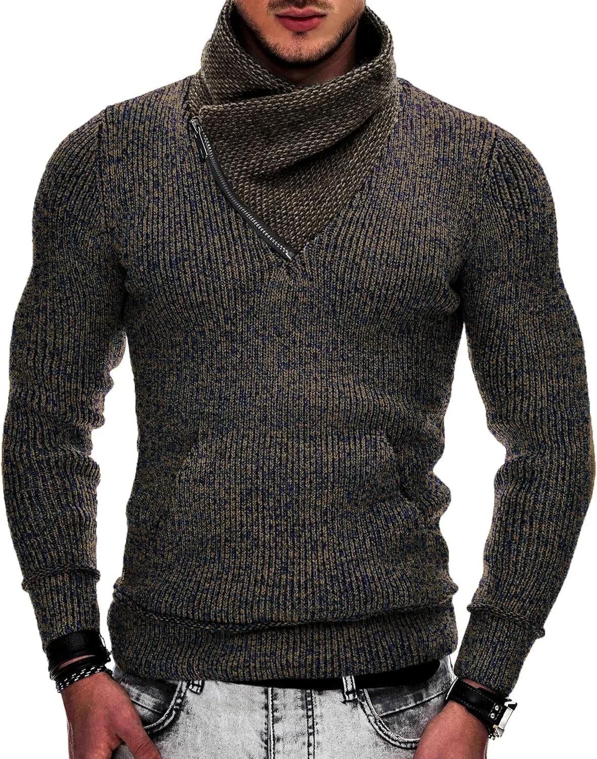 COOFANDY Men's Knitted Turtleneck Pullover Shawl Collar Sweaters Slim Fit High Neck Hoodies with Pockets