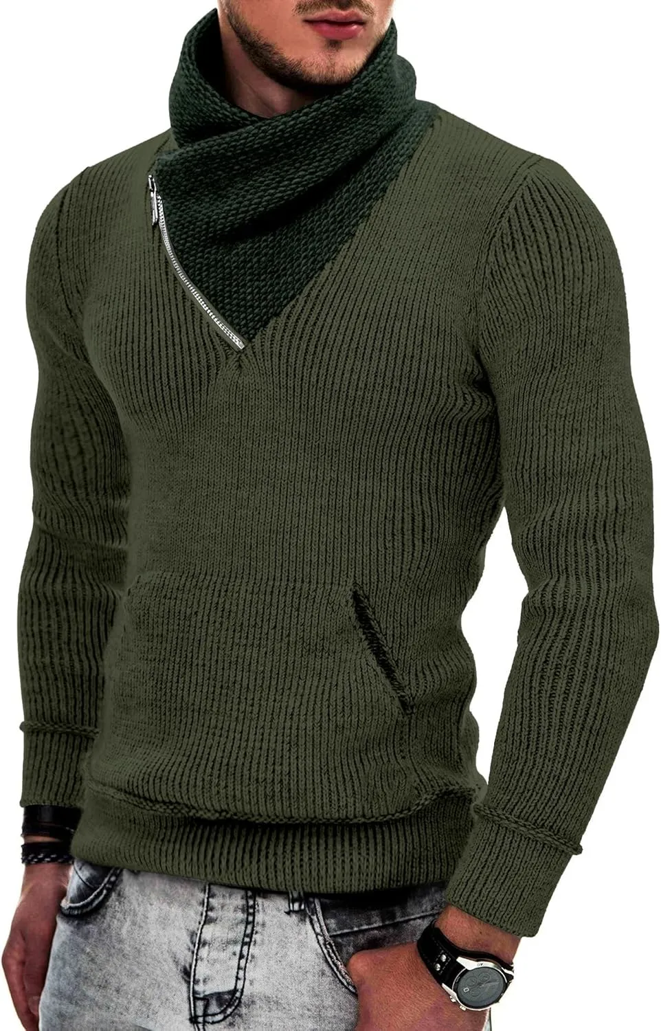 COOFANDY Men's Knitted Turtleneck Pullover Shawl Collar Sweaters Slim Fit High Neck Hoodies with Pockets