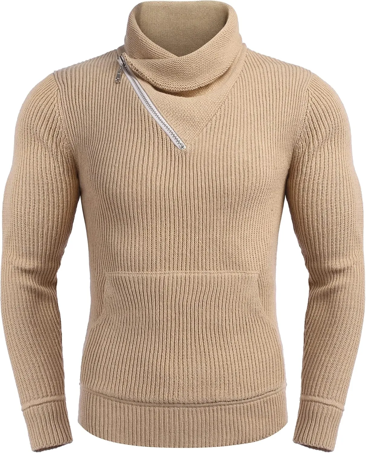 COOFANDY Men's Knitted Turtleneck Pullover Shawl Collar Sweaters Slim Fit High Neck Hoodies with Pockets