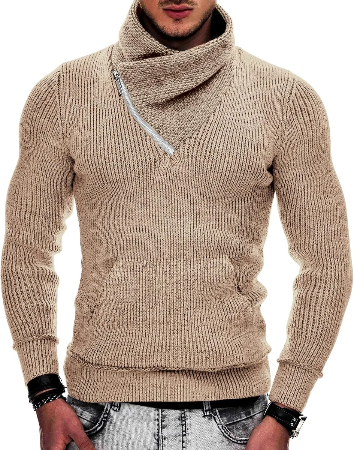 COOFANDY Men's Knitted Turtleneck Pullover Shawl Collar Sweaters Slim Fit High Neck Hoodies with Pockets