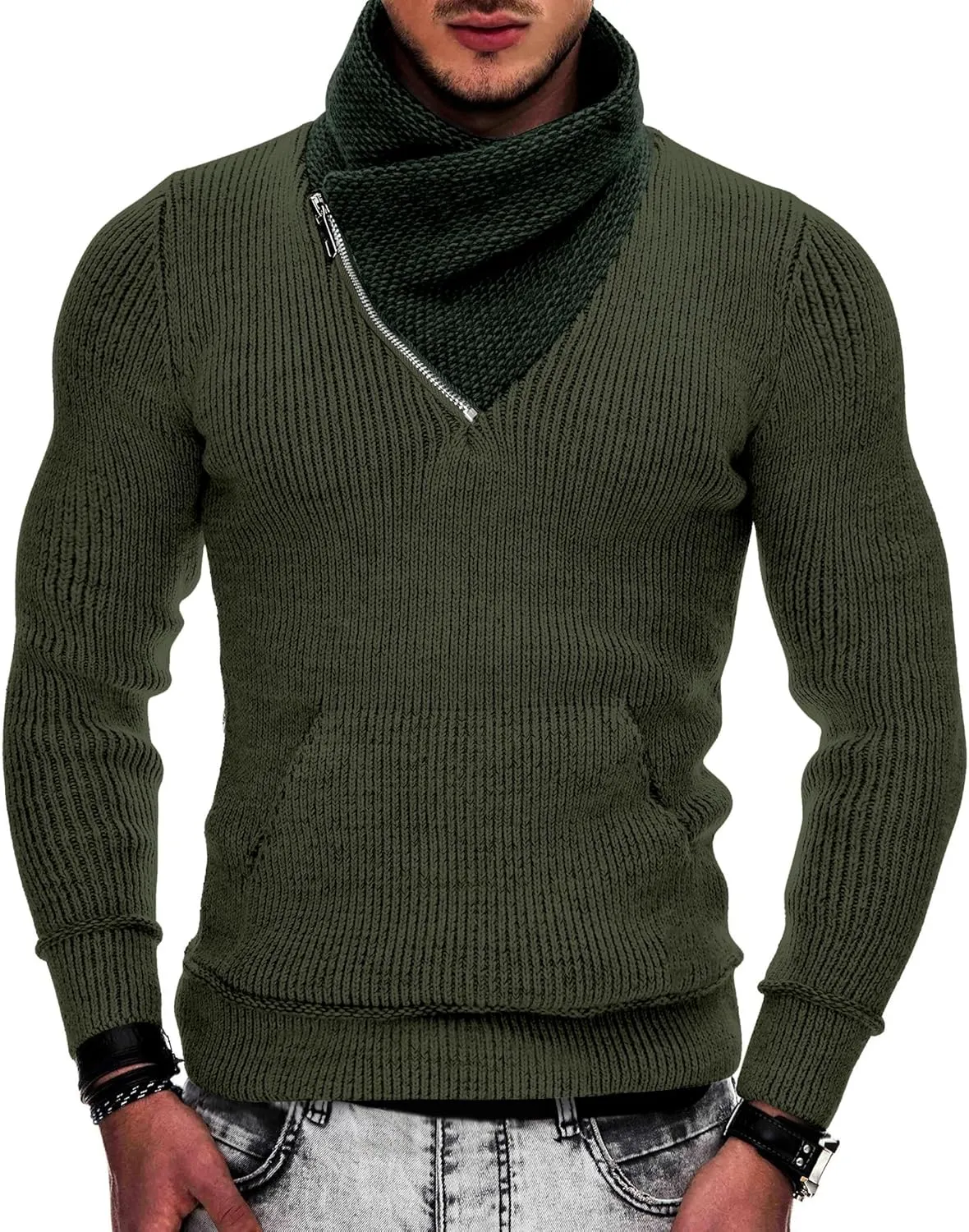 COOFANDY Men's Knitted Turtleneck Pullover Shawl Collar Sweaters Slim Fit High Neck Hoodies with Pockets