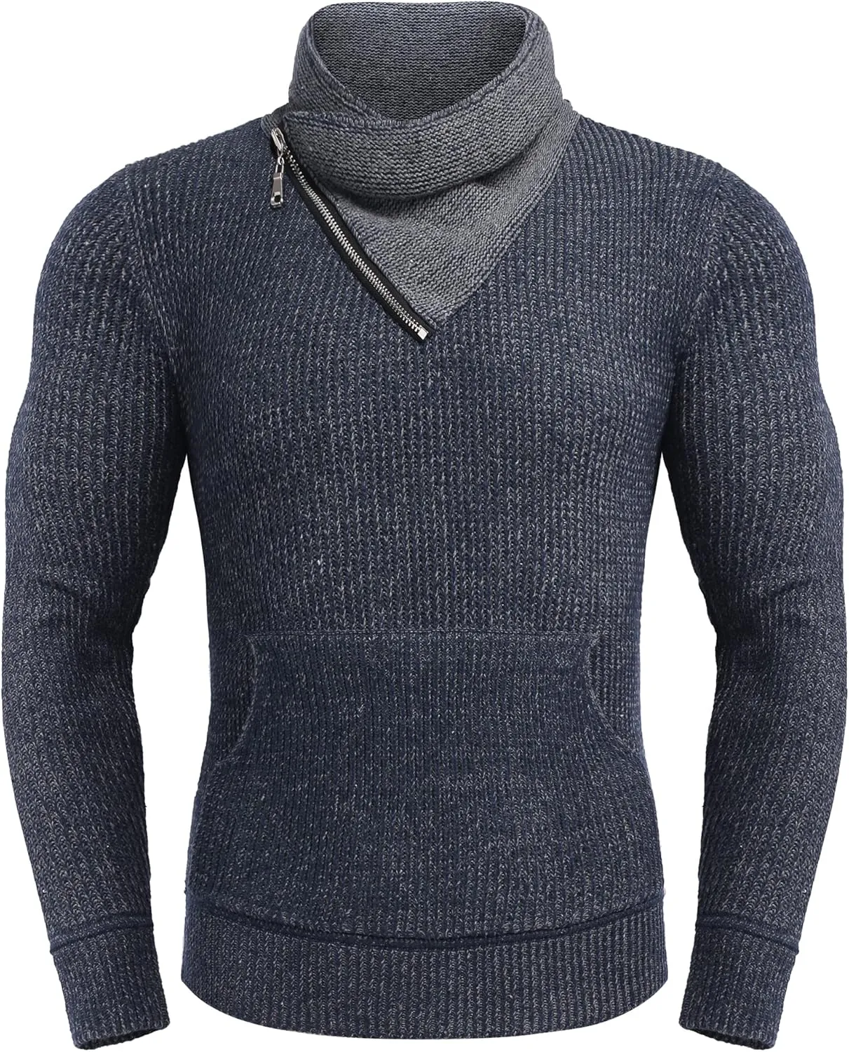 COOFANDY Men's Knitted Turtleneck Pullover Shawl Collar Sweaters Slim Fit High Neck Hoodies with Pockets