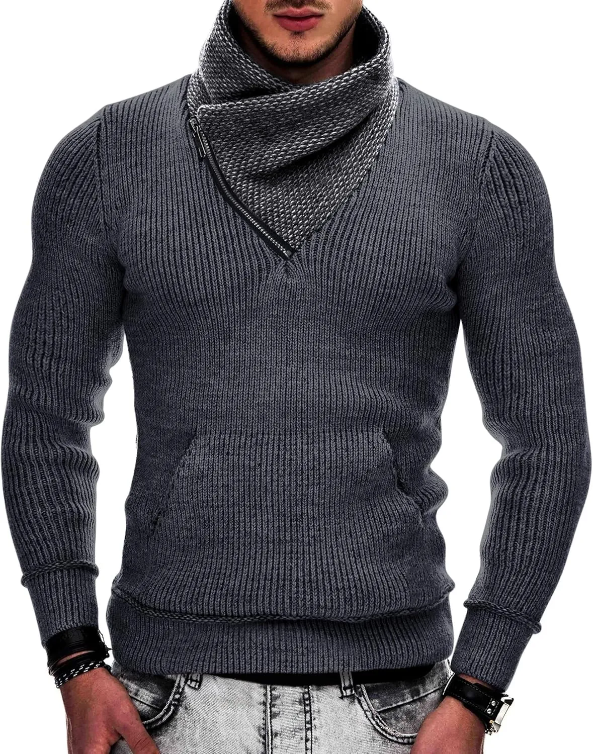 COOFANDY Men's Knitted Turtleneck Pullover Shawl Collar Sweaters Slim Fit High Neck Hoodies with Pockets