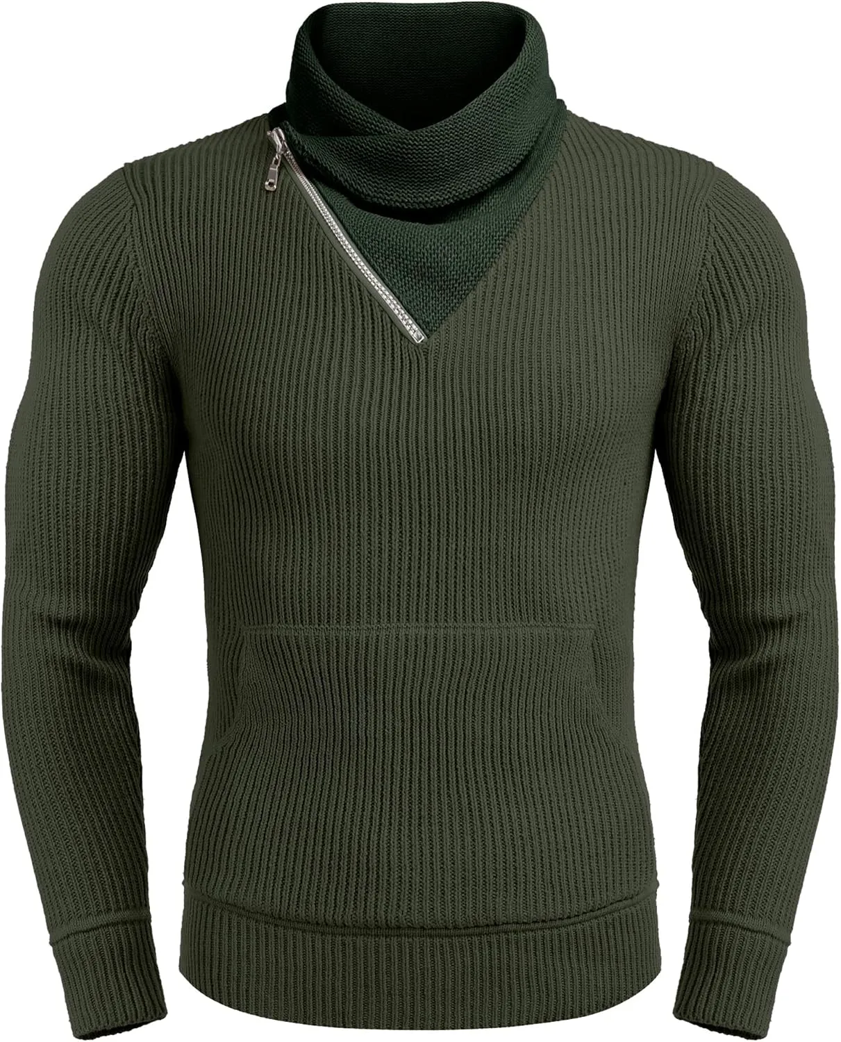 COOFANDY Men's Knitted Turtleneck Pullover Shawl Collar Sweaters Slim Fit High Neck Hoodies with Pockets