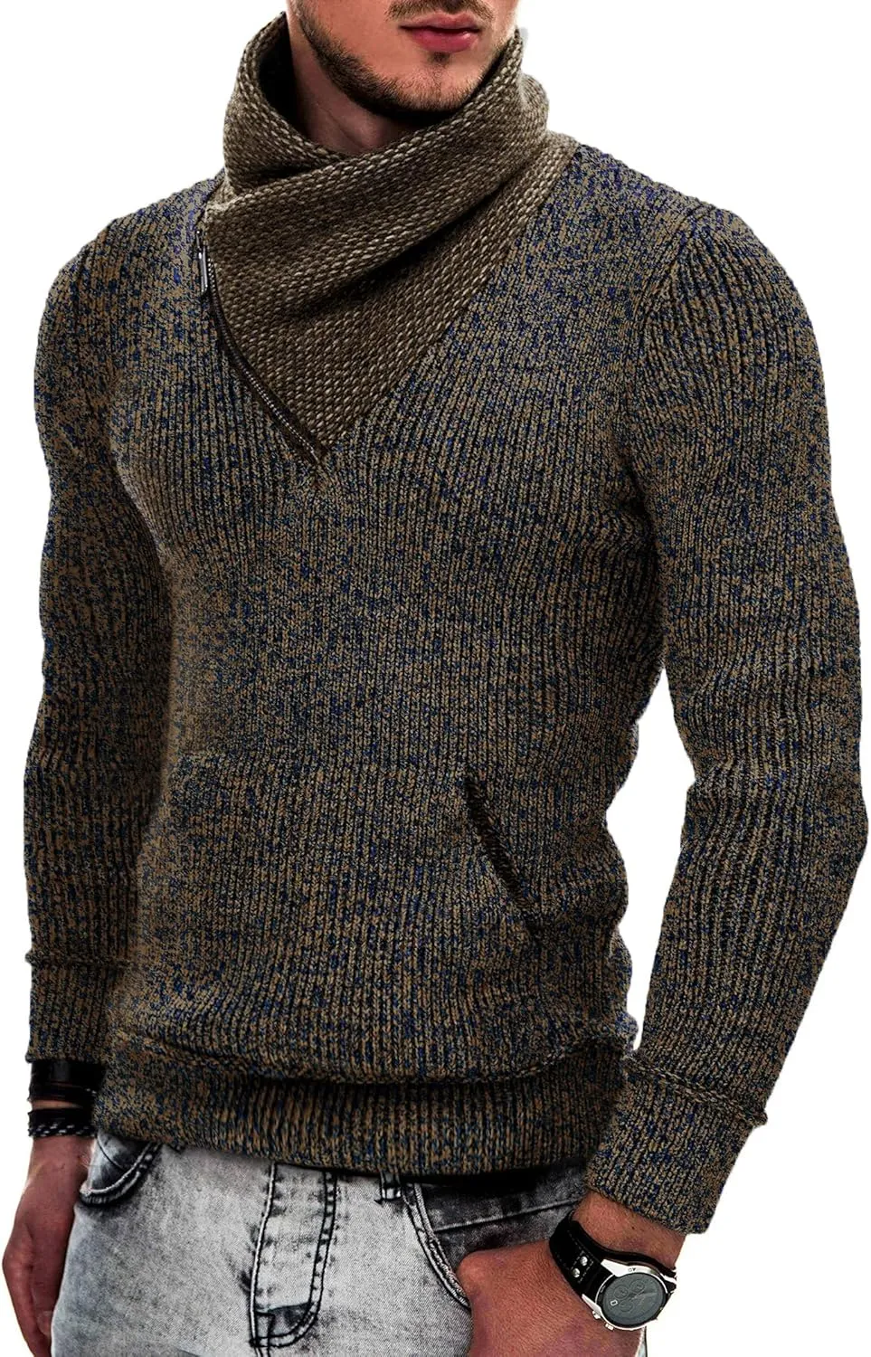COOFANDY Men's Knitted Turtleneck Pullover Shawl Collar Sweaters Slim Fit High Neck Hoodies with Pockets