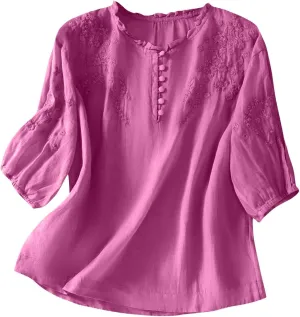 Cotton Linen Button Short Sleeve Shirts Vintage Embroidered Blouse Tops Summer Women Crew Neck Casual Boho Top 2025