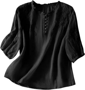 Cotton Linen Button Short Sleeve Shirts Vintage Embroidered Blouse Tops Summer Women Crew Neck Casual Boho Top 2025