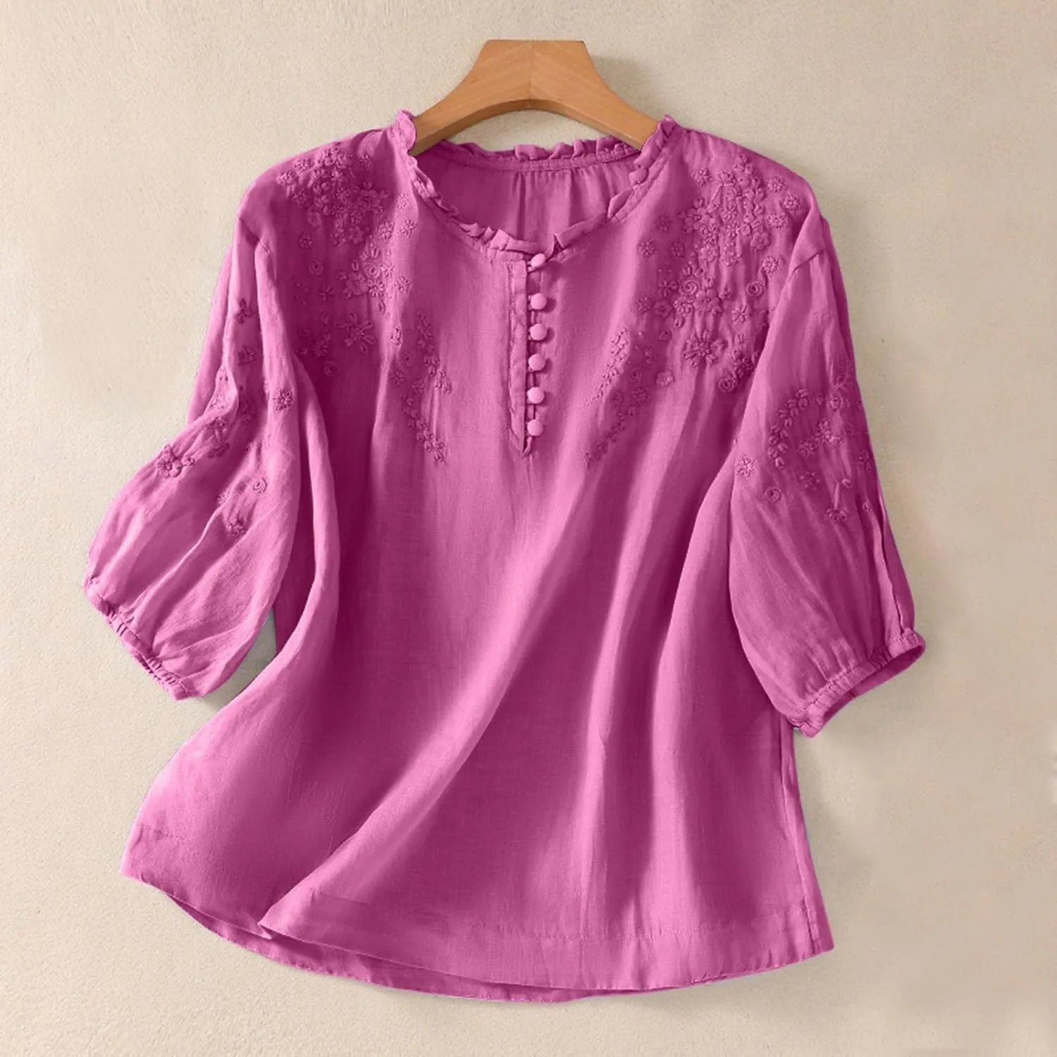 Cotton Linen Button Short Sleeve Shirts Vintage Embroidered Blouse Tops Summer Women Crew Neck Casual Boho Top 2025