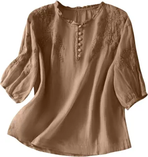Cotton Linen Button Short Sleeve Shirts Vintage Embroidered Blouse Tops Summer Women Crew Neck Casual Boho Top 2025