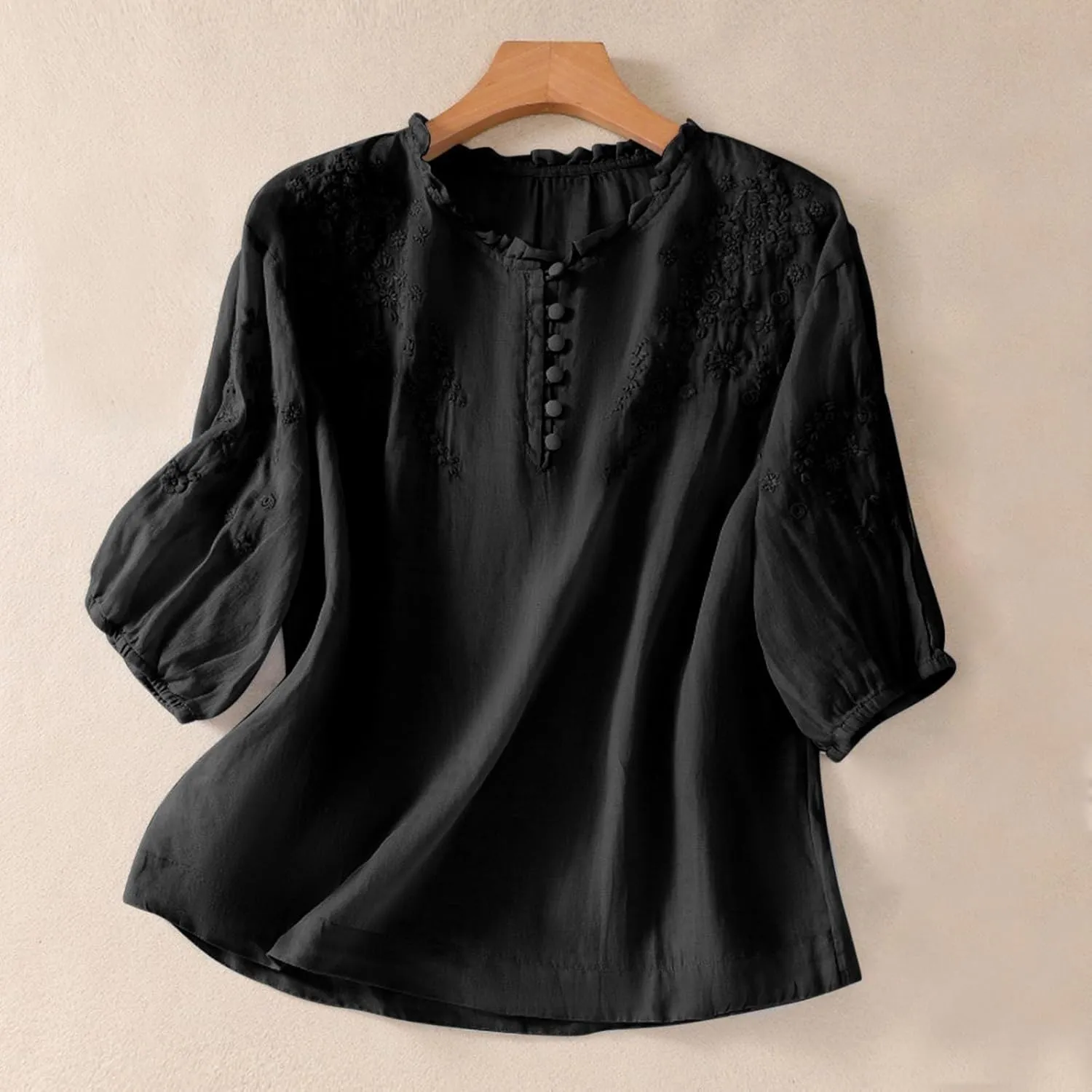 Cotton Linen Button Short Sleeve Shirts Vintage Embroidered Blouse Tops Summer Women Crew Neck Casual Boho Top 2025