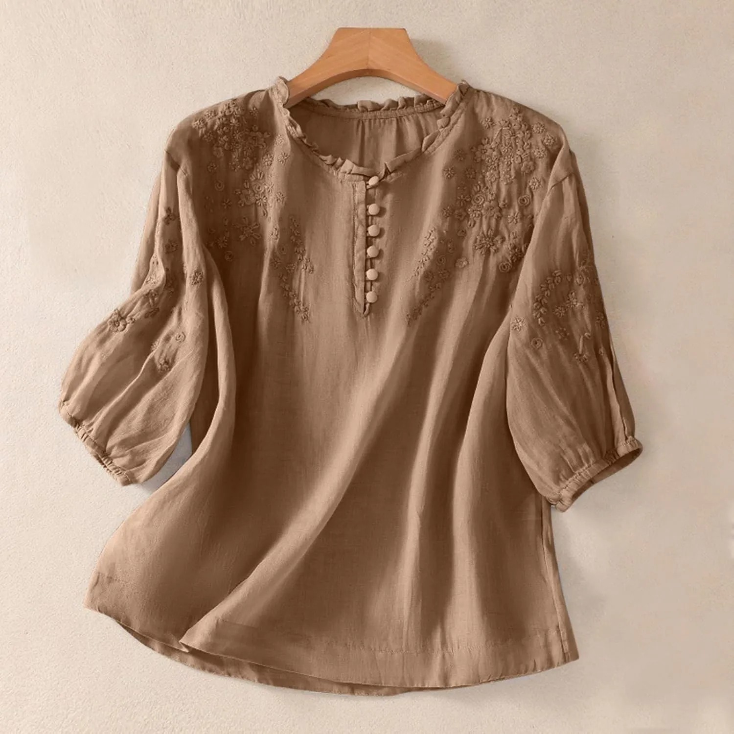 Cotton Linen Button Short Sleeve Shirts Vintage Embroidered Blouse Tops Summer Women Crew Neck Casual Boho Top 2025