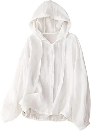 Cotton Linen Hoodie Tops Womens 2025 Summer Hooded Long Sleeve Shirts Ladies Dressy Casual Button Down Blouses Tees