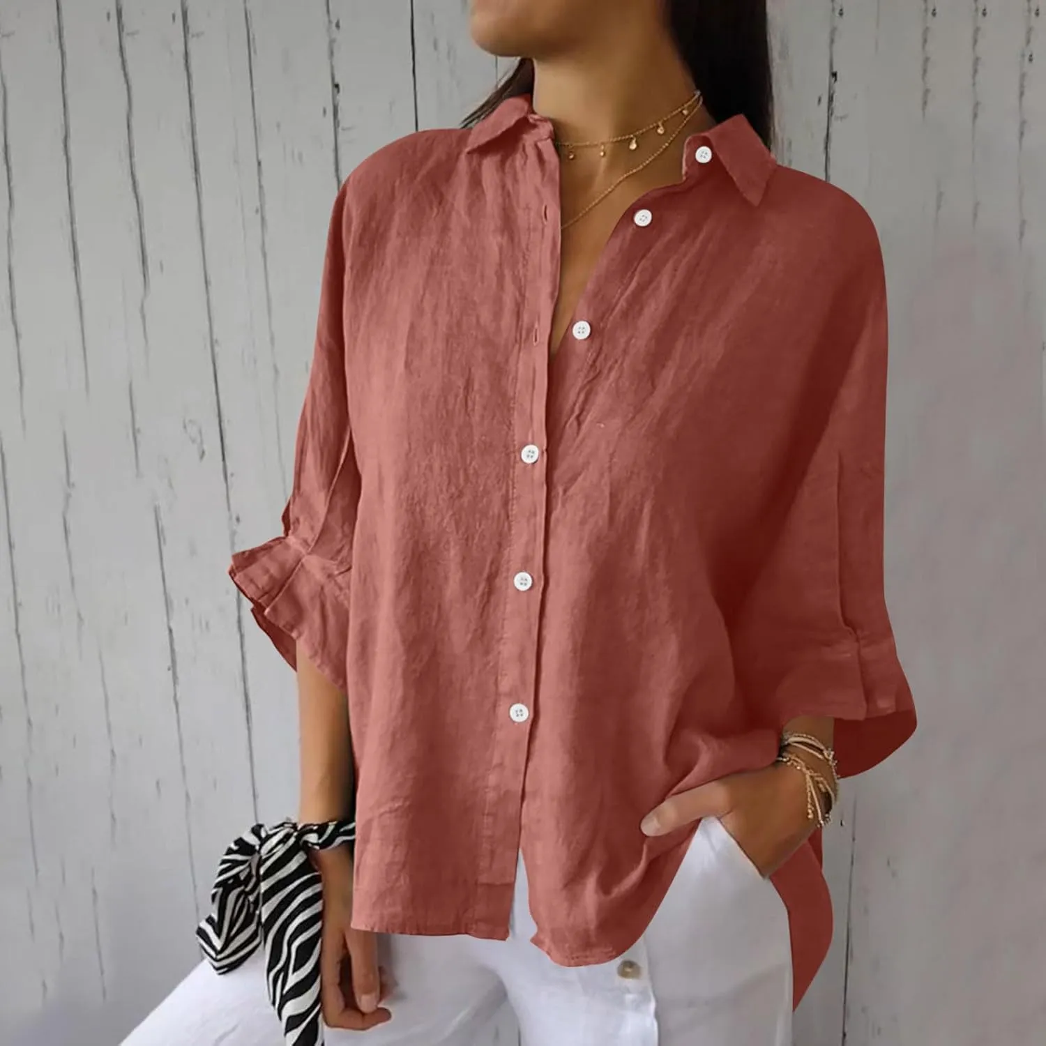 Cotton Linen Shirts for Womens Summer Casual Button Down Tops 3/4 Sleeve Classic Collared Loose Blouses Dressy Tees