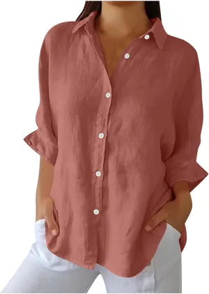 Cotton Linen Shirts for Womens Summer Casual Button Down Tops 3/4 Sleeve Classic Collared Loose Blouses Dressy Tees