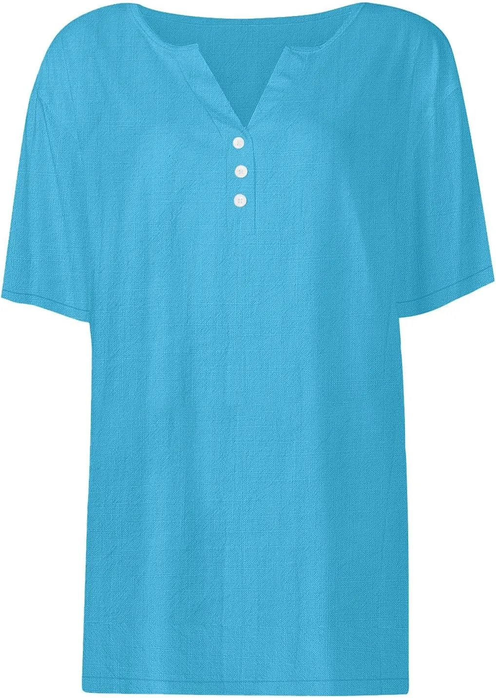 Cotton Linen T-Shirts for Women Short Sleeve V Neck Buttons Tops 2025 Summer Solid Color Vacation Blouse Pullover