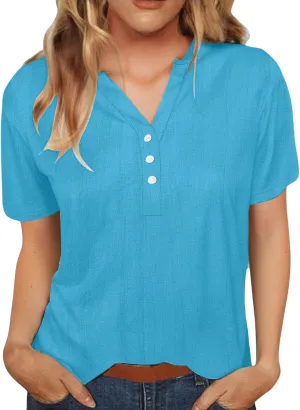 Cotton Linen T-Shirts for Women Short Sleeve V Neck Buttons Tops 2025 Summer Solid Color Vacation Blouse Pullover
