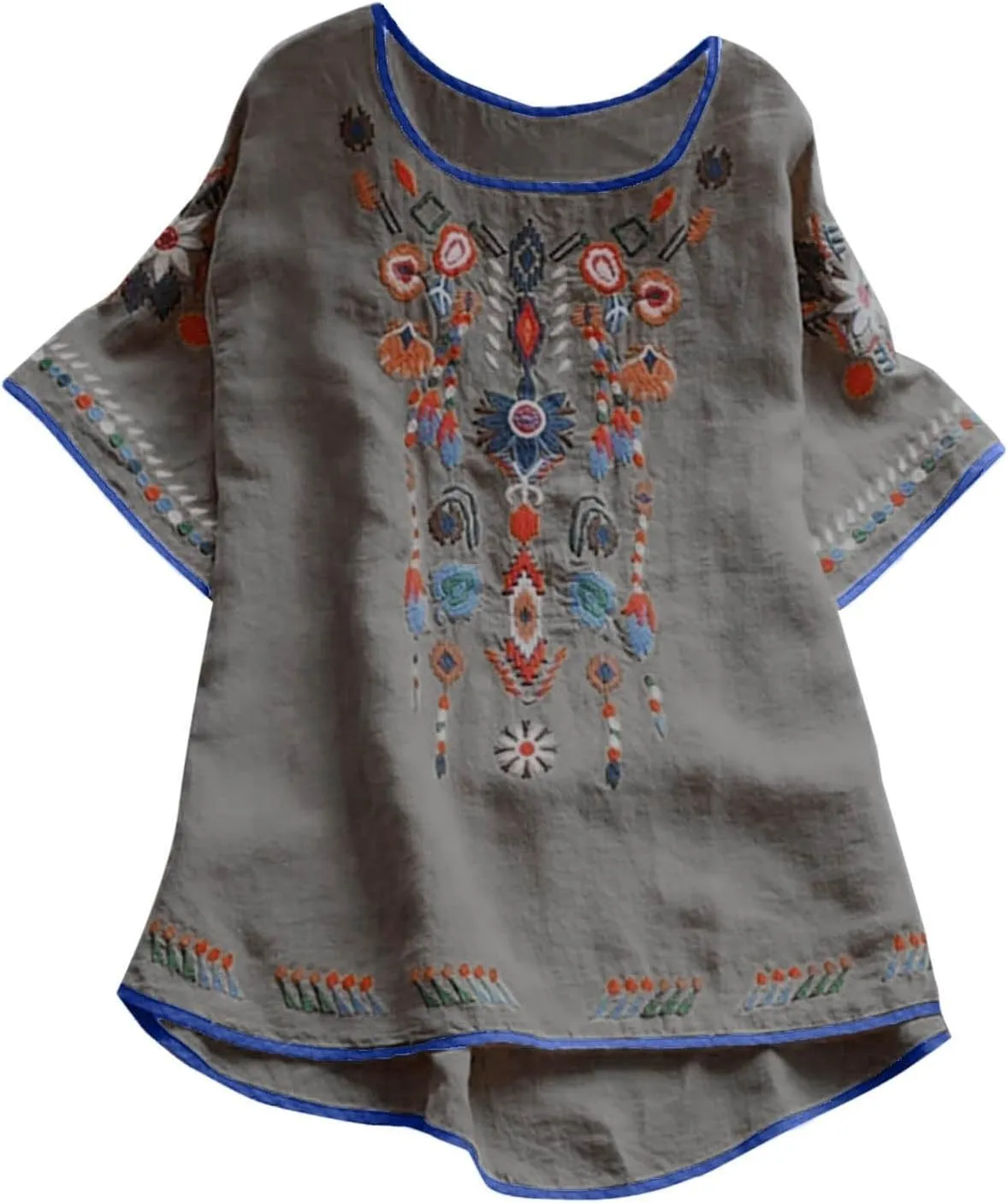 Cotton Linen Tops for Women 2024 Summer Boho Embroidered Mexican Blouse Plus Size Casual Crewneck Tee Shirts Tunics