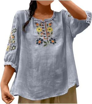 Cotton Linen Tops for Women 2025 Summer Boho Embroidered Mexican Blouse Casual Crewneck Oversized Tee Shirts Tunics