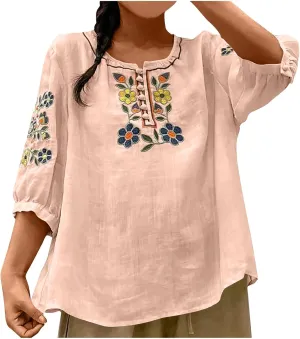 Cotton Linen Tops for Women 2025 Summer Boho Embroidered Mexican Blouse Casual Crewneck Oversized Tee Shirts Tunics
