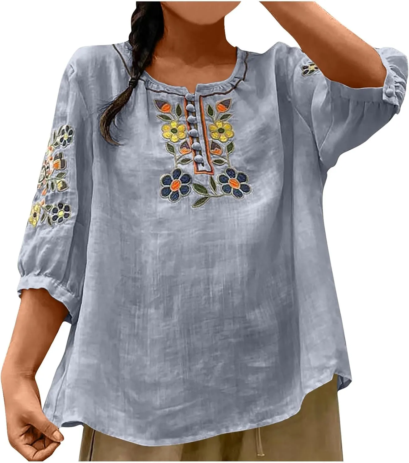 Cotton Linen Tops for Women 2025 Summer Boho Embroidered Mexican Blouse Casual Crewneck Oversized Tee Shirts Tunics