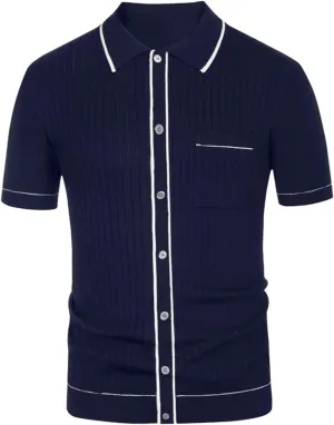 crazynekos Mens Short Sleeve Button Down Knitted Cardigan Sweaters Polo Shirts