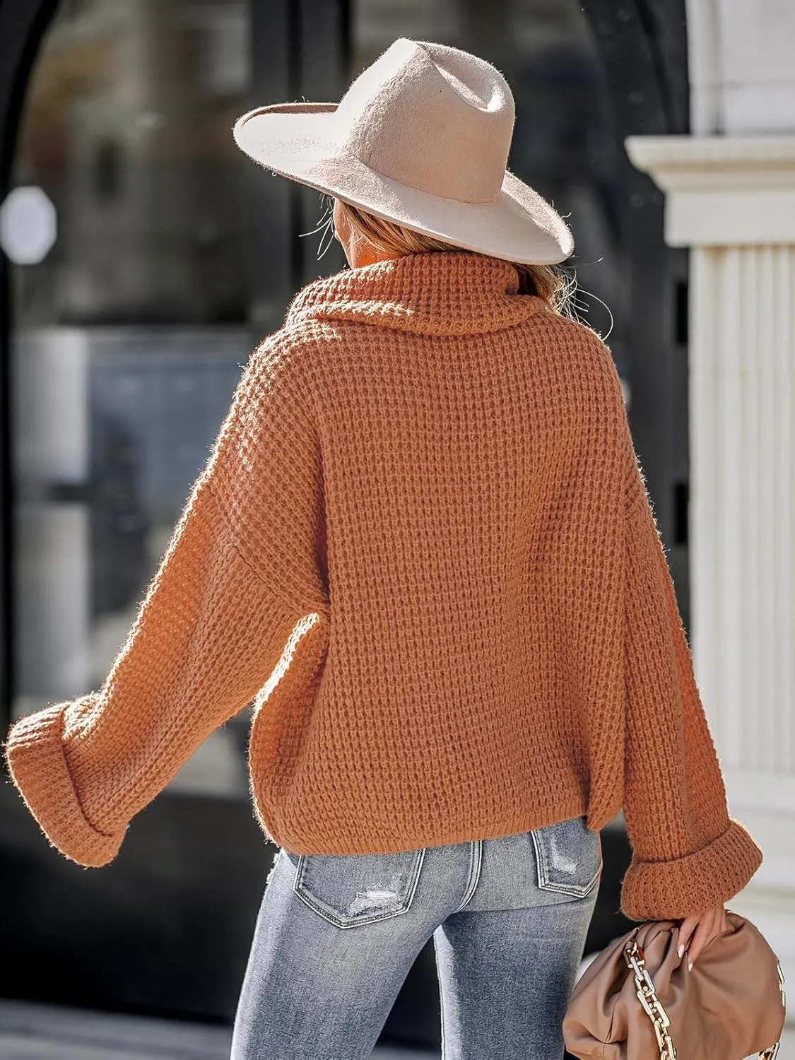 CUPSHE Women's High Neck Sweater Long Sleeve Knit Pullover Casual Crochet Sweater
