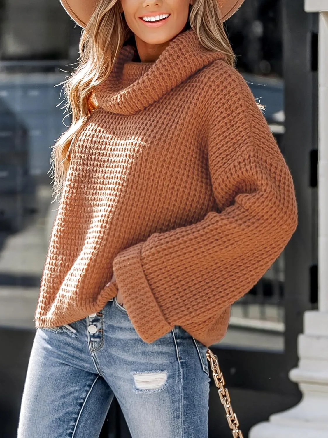 CUPSHE Women's High Neck Sweater Long Sleeve Knit Pullover Casual Crochet Sweater