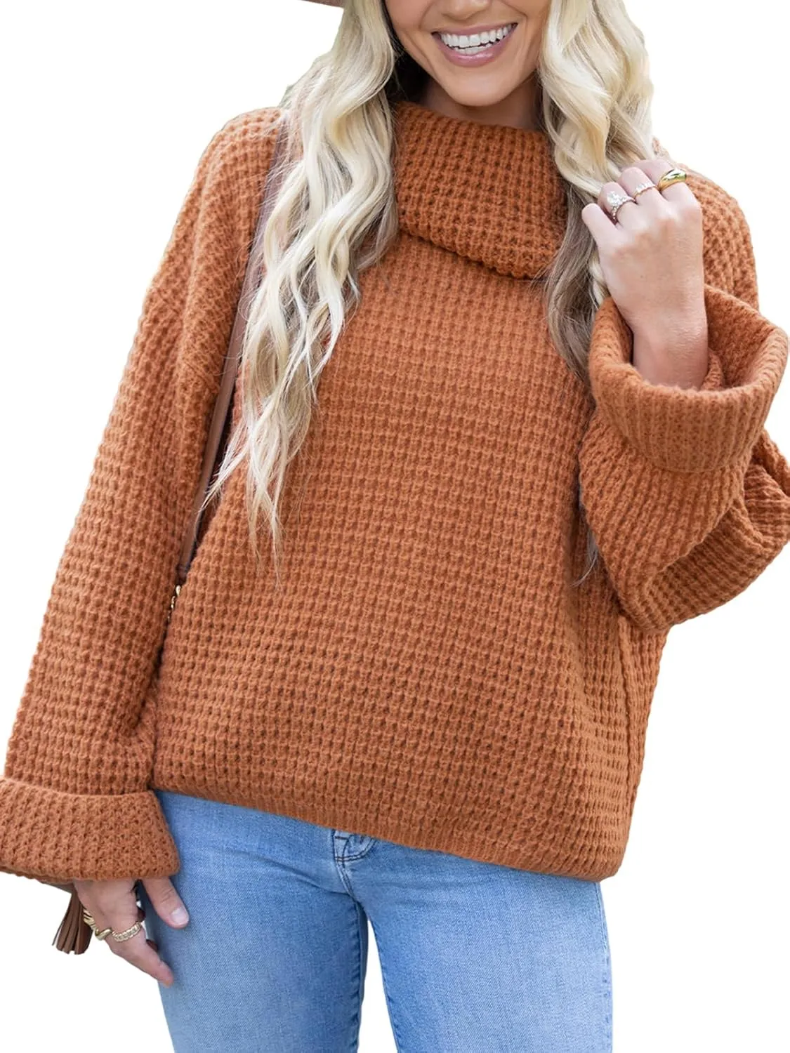 CUPSHE Women's High Neck Sweater Long Sleeve Knit Pullover Casual Crochet Sweater