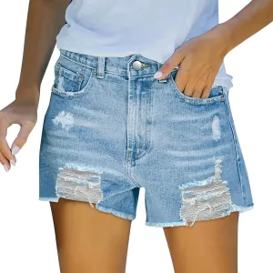 Denim Shorts for Teen Girls Trendy High Rise Stretchy Mom Jean Shorts Pure Color Frayed Hem Slim Shorts