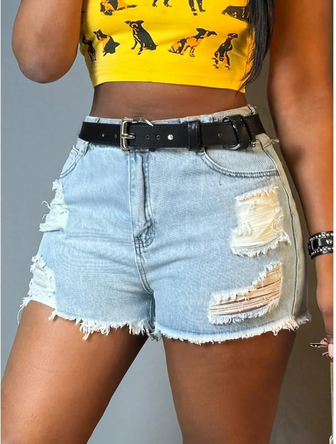 Denim Shorts Women Summer Hot Distressed Elastic High Waisted Jean Shorts Raw Hem Frayed Jean Short with Pockets