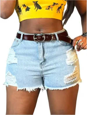 Denim Shorts Women Summer Hot Distressed Elastic High Waisted Jean Shorts Raw Hem Frayed Jean Short with Pockets