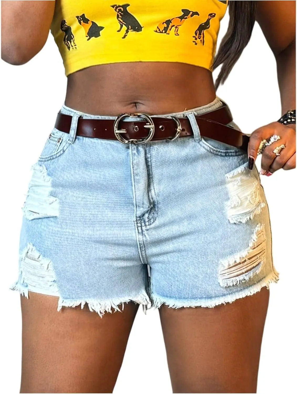Denim Shorts Women Summer Hot Distressed Elastic High Waisted Jean Shorts Raw Hem Frayed Jean Short with Pockets