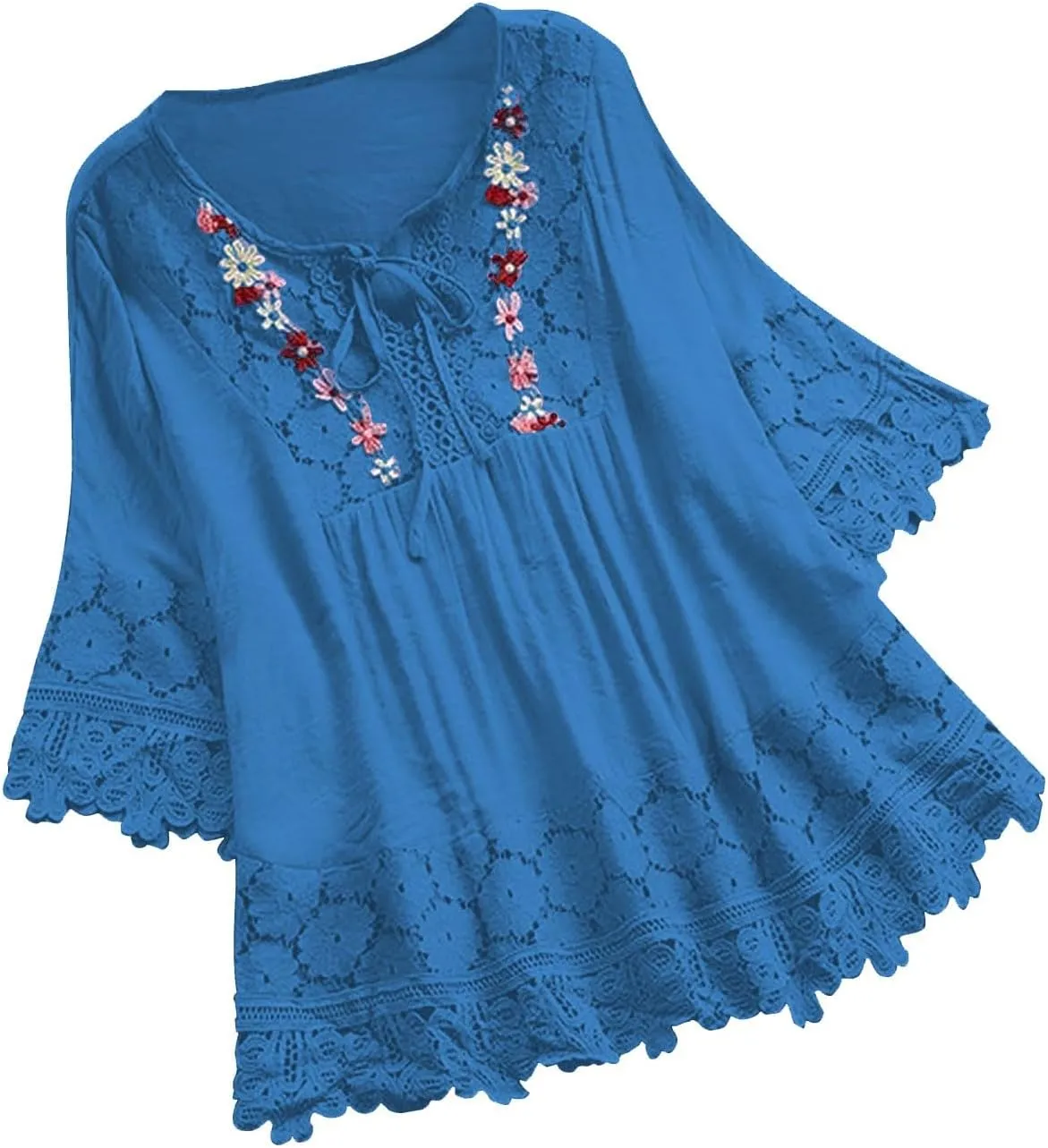 Dgoopd 3/4 Length Sleeve Womens Tops Oversized Cotton Tee Shirts Embroidered Floral Lace V Neck T-Shirt Summer Trendy Blouses