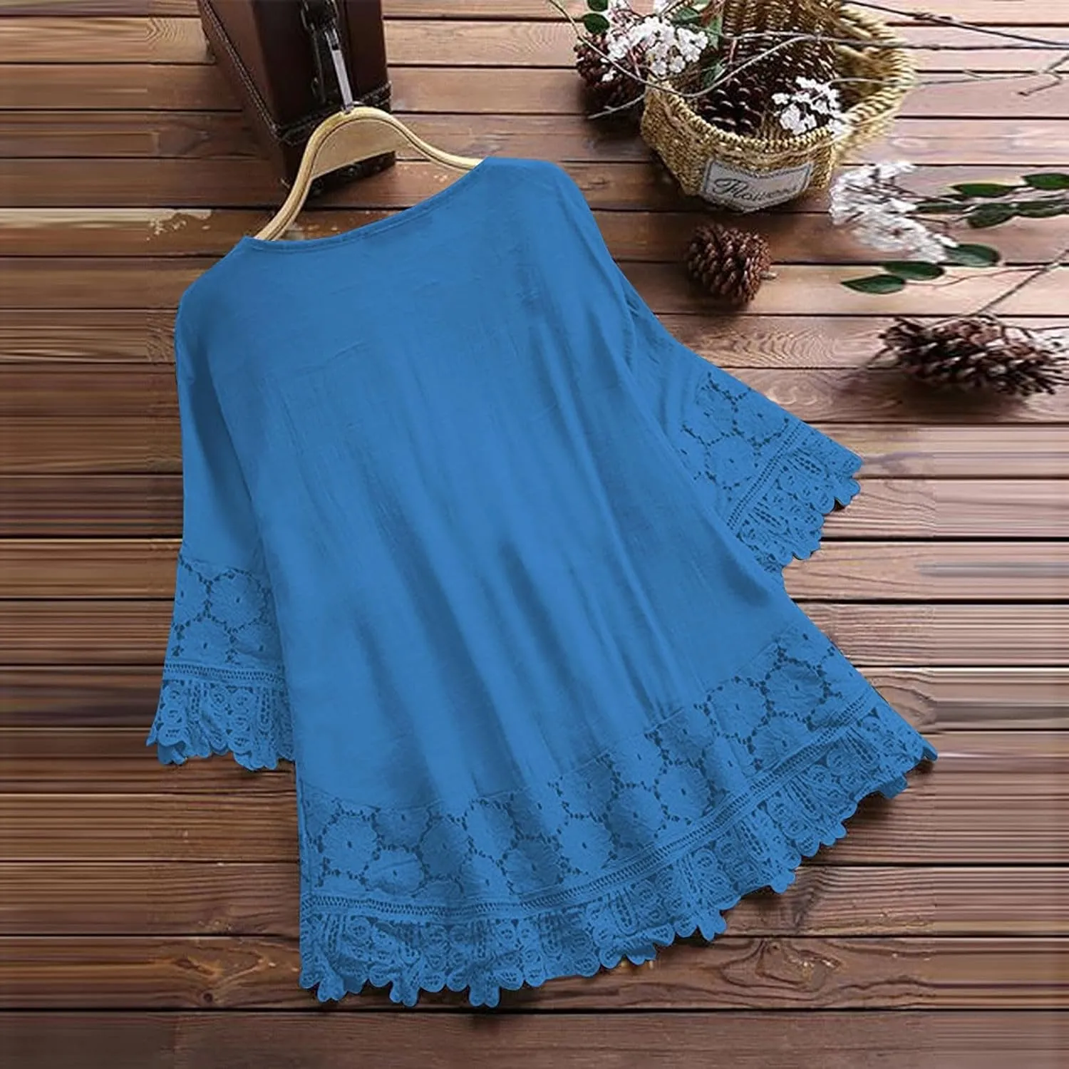 Dgoopd 3/4 Length Sleeve Womens Tops Oversized Cotton Tee Shirts Embroidered Floral Lace V Neck T-Shirt Summer Trendy Blouses