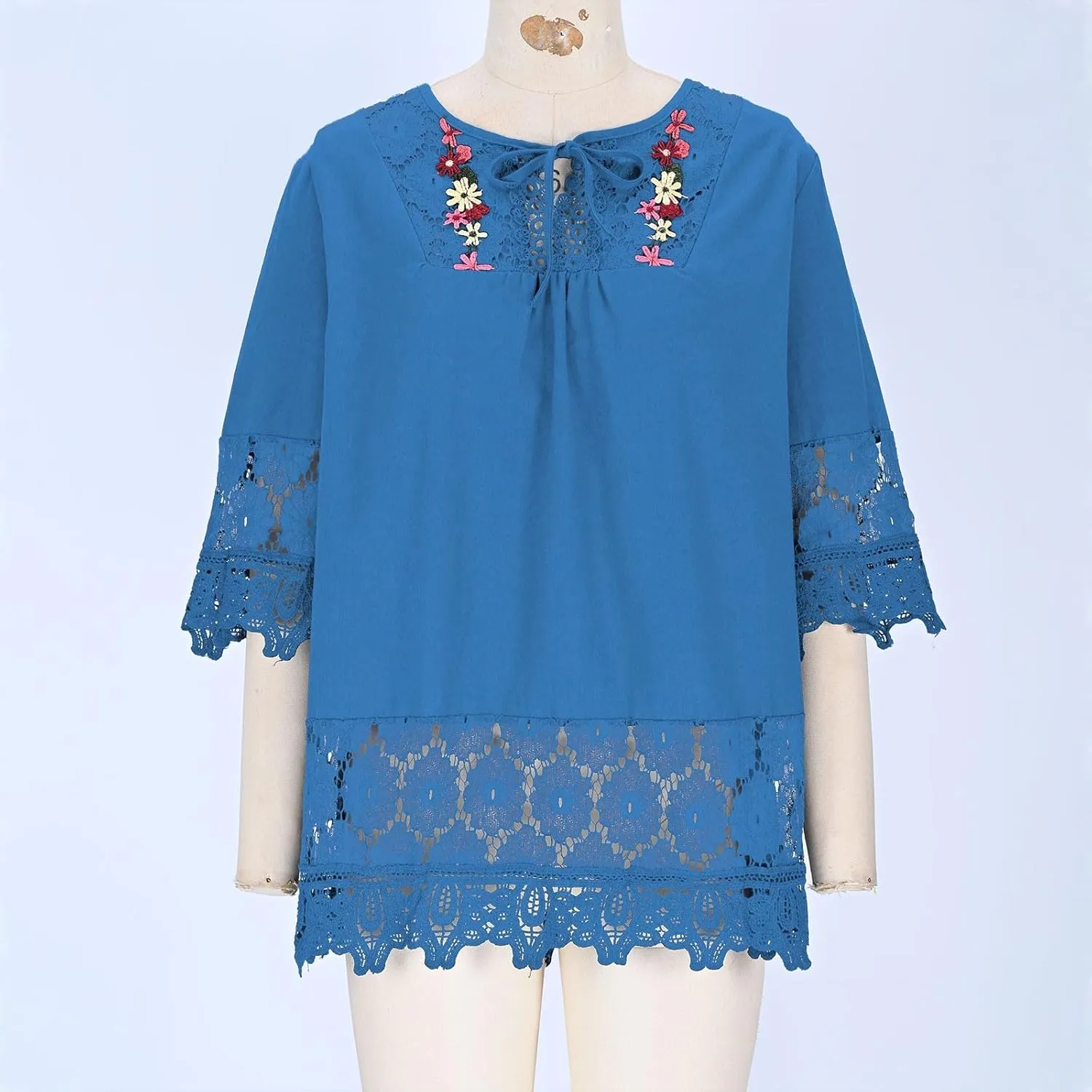 Dgoopd 3/4 Length Sleeve Womens Tops Oversized Cotton Tee Shirts Embroidered Floral Lace V Neck T-Shirt Summer Trendy Blouses