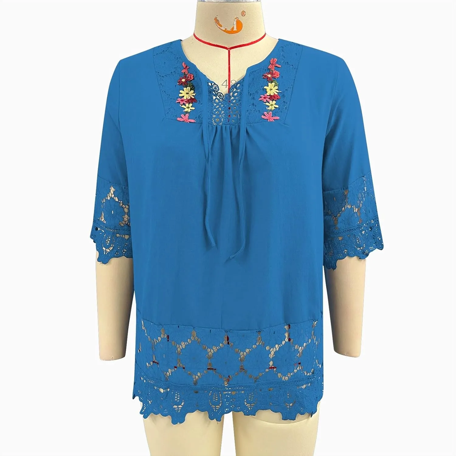 Dgoopd 3/4 Length Sleeve Womens Tops Oversized Cotton Tee Shirts Embroidered Floral Lace V Neck T-Shirt Summer Trendy Blouses