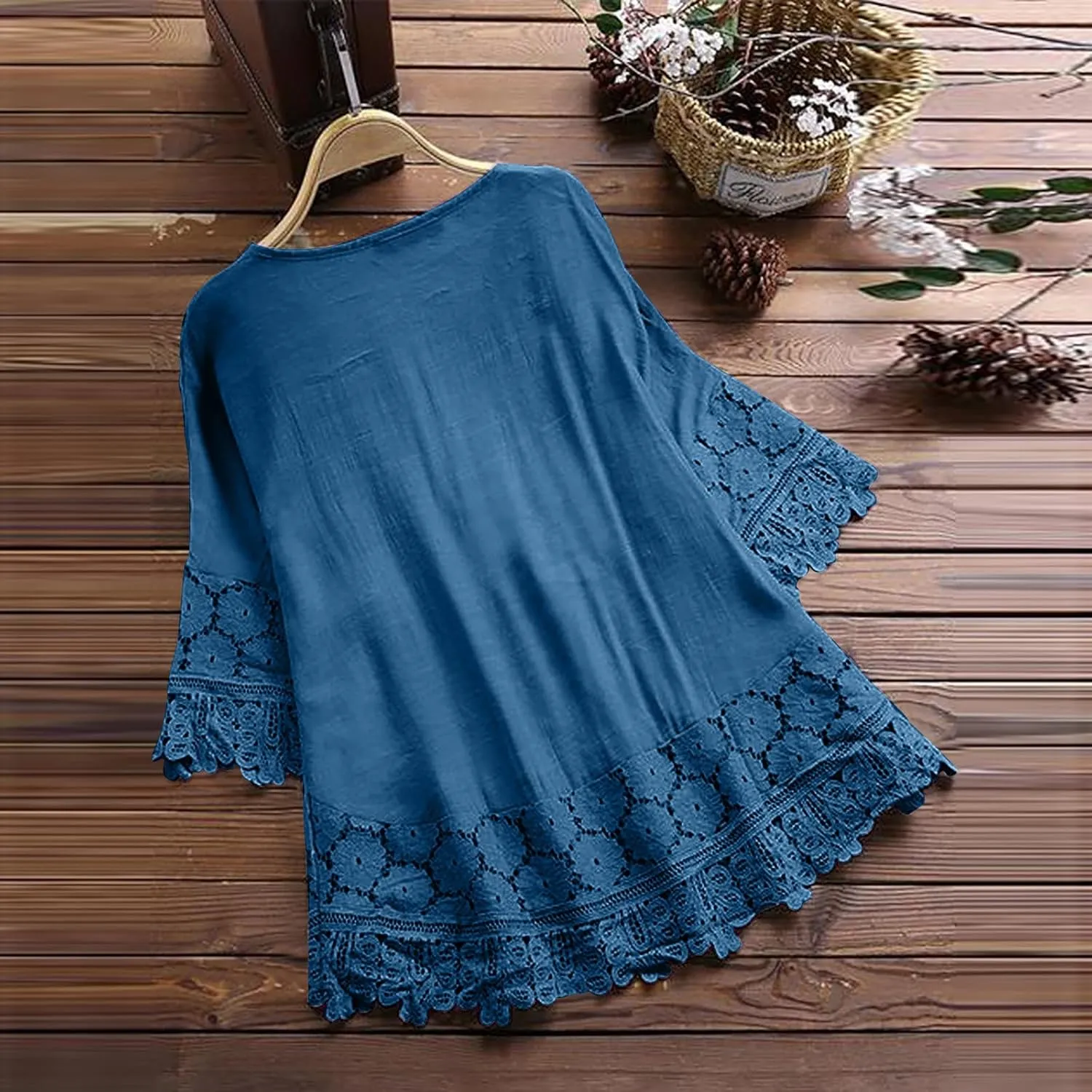 Dgoopd 3/4 Length Sleeve Womens Tops Oversized Cotton Tee Shirts Embroidered Floral Lace V Neck T-Shirt Summer Trendy Blouses