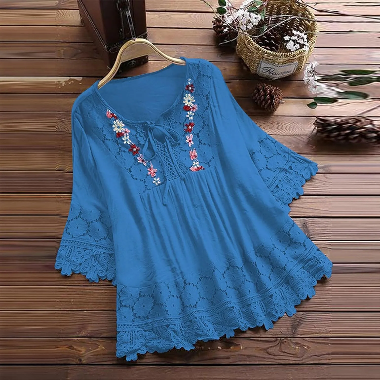 Dgoopd 3/4 Length Sleeve Womens Tops Oversized Cotton Tee Shirts Embroidered Floral Lace V Neck T-Shirt Summer Trendy Blouses
