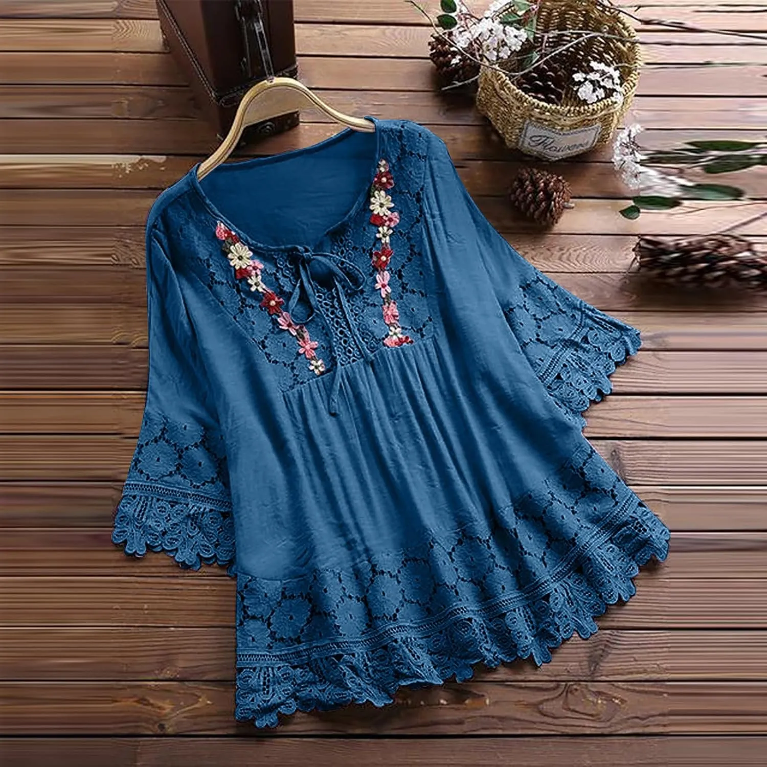 Dgoopd 3/4 Length Sleeve Womens Tops Oversized Cotton Tee Shirts Embroidered Floral Lace V Neck T-Shirt Summer Trendy Blouses