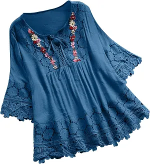 Dgoopd 3/4 Length Sleeve Womens Tops Oversized Cotton Tee Shirts Embroidered Floral Lace V Neck T-Shirt Summer Trendy Blouses